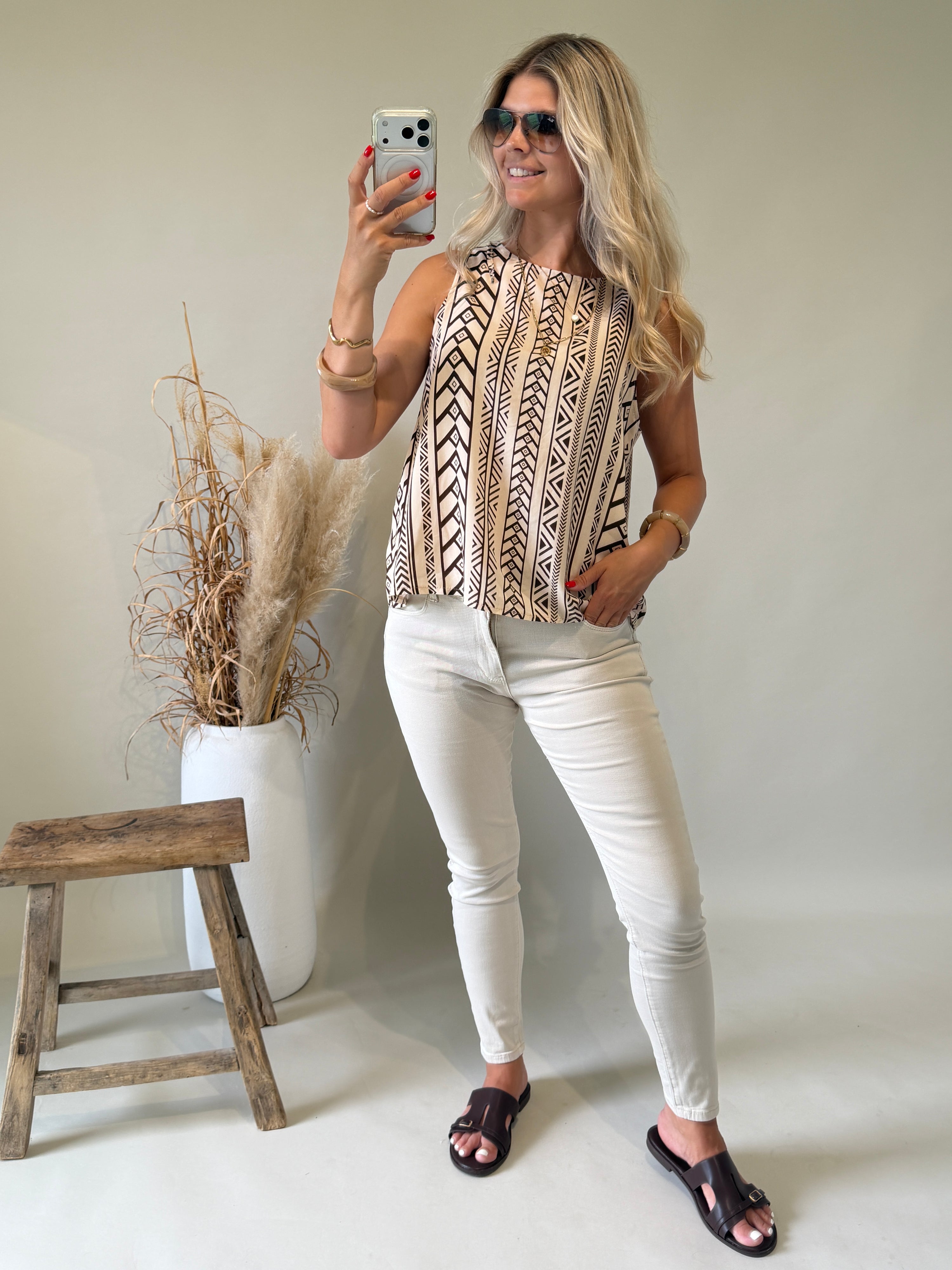 Blusen Top in Beige mit Schokobraunen Muster