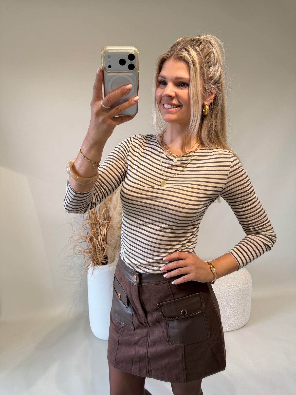 Shirt in Schokobraun / Beige gestreift