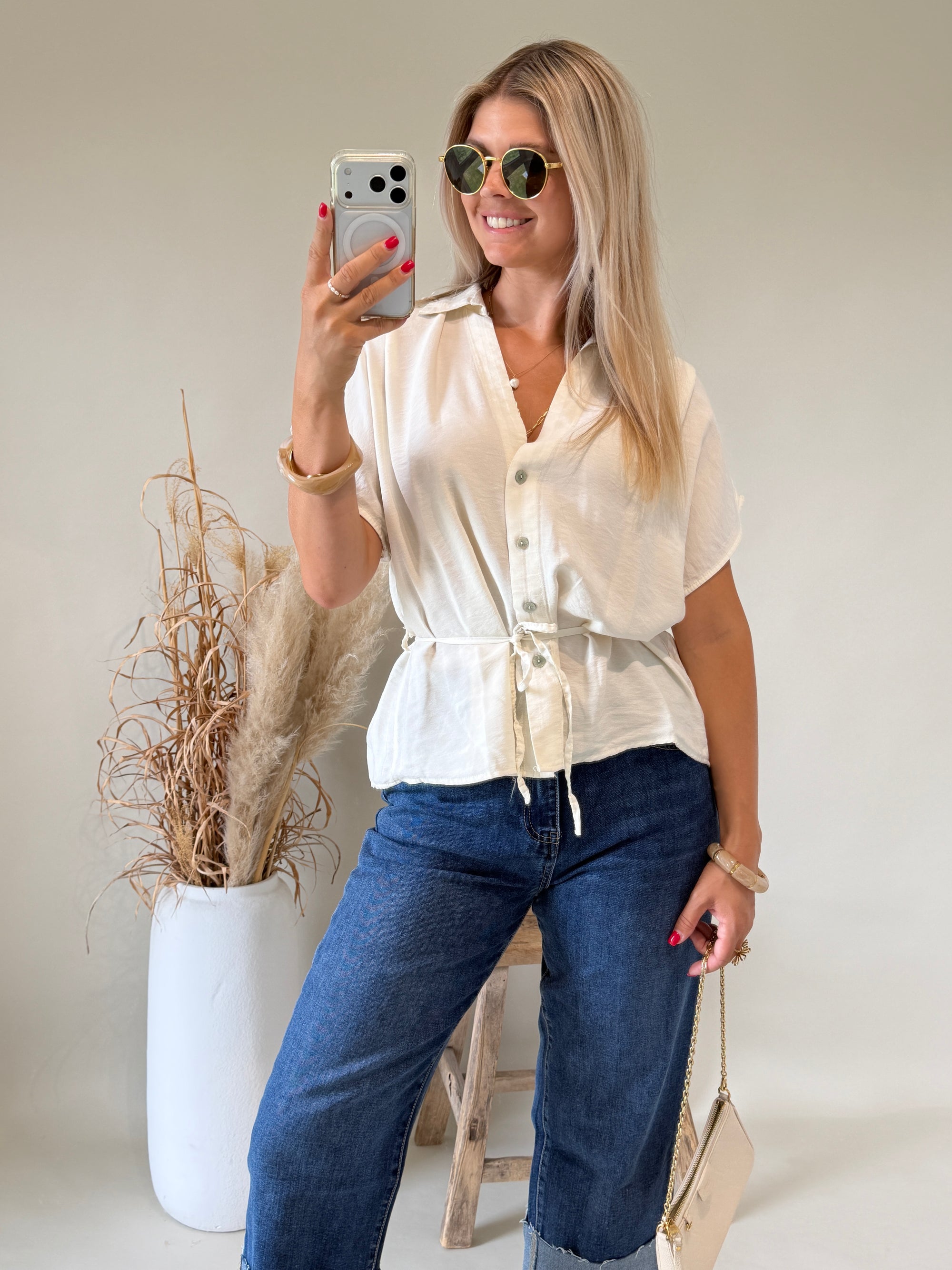 Bluse in Beige zum Binden ( Kurzarm )