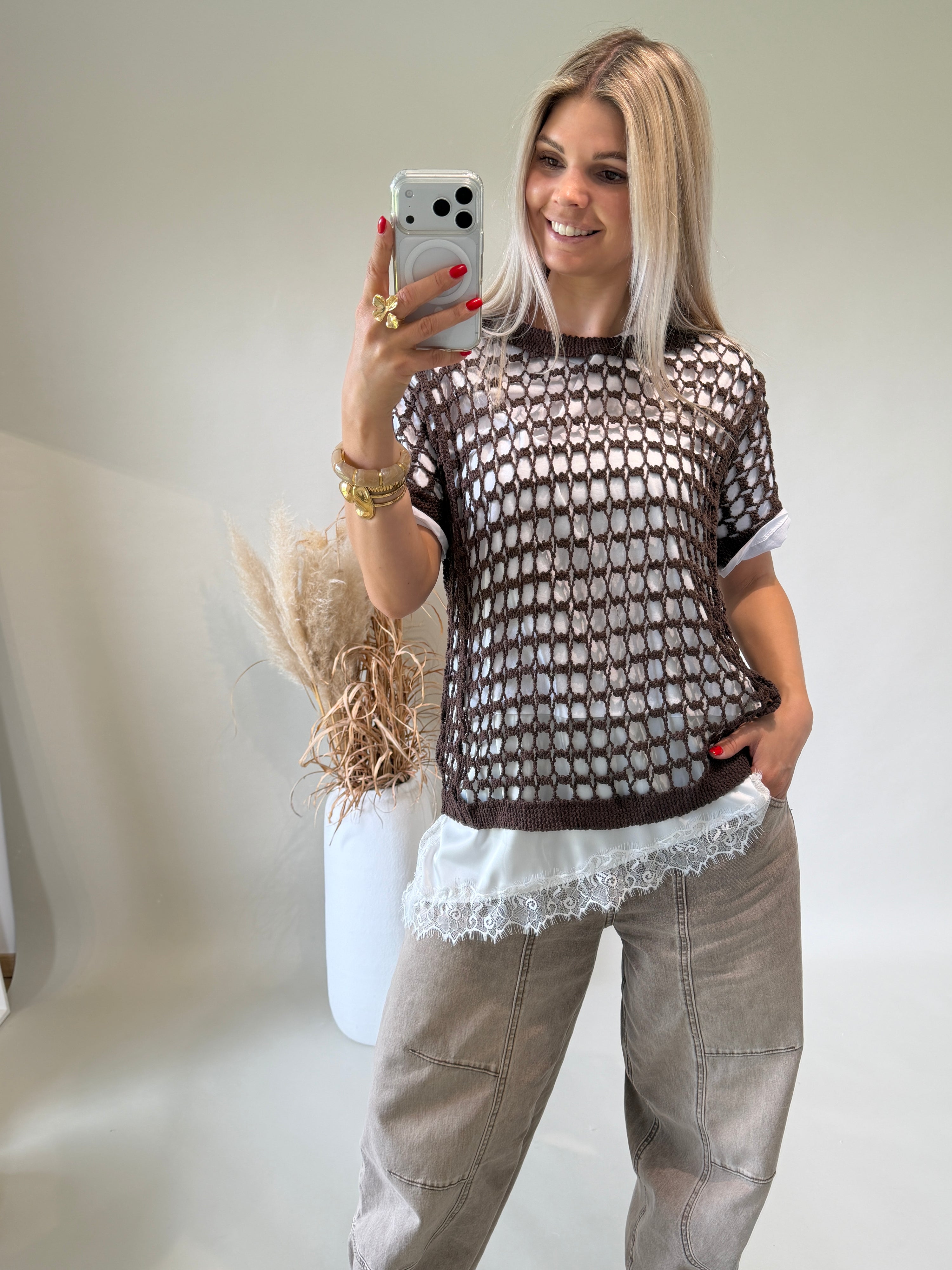 Pullover in Lochoptik in Schokobraun