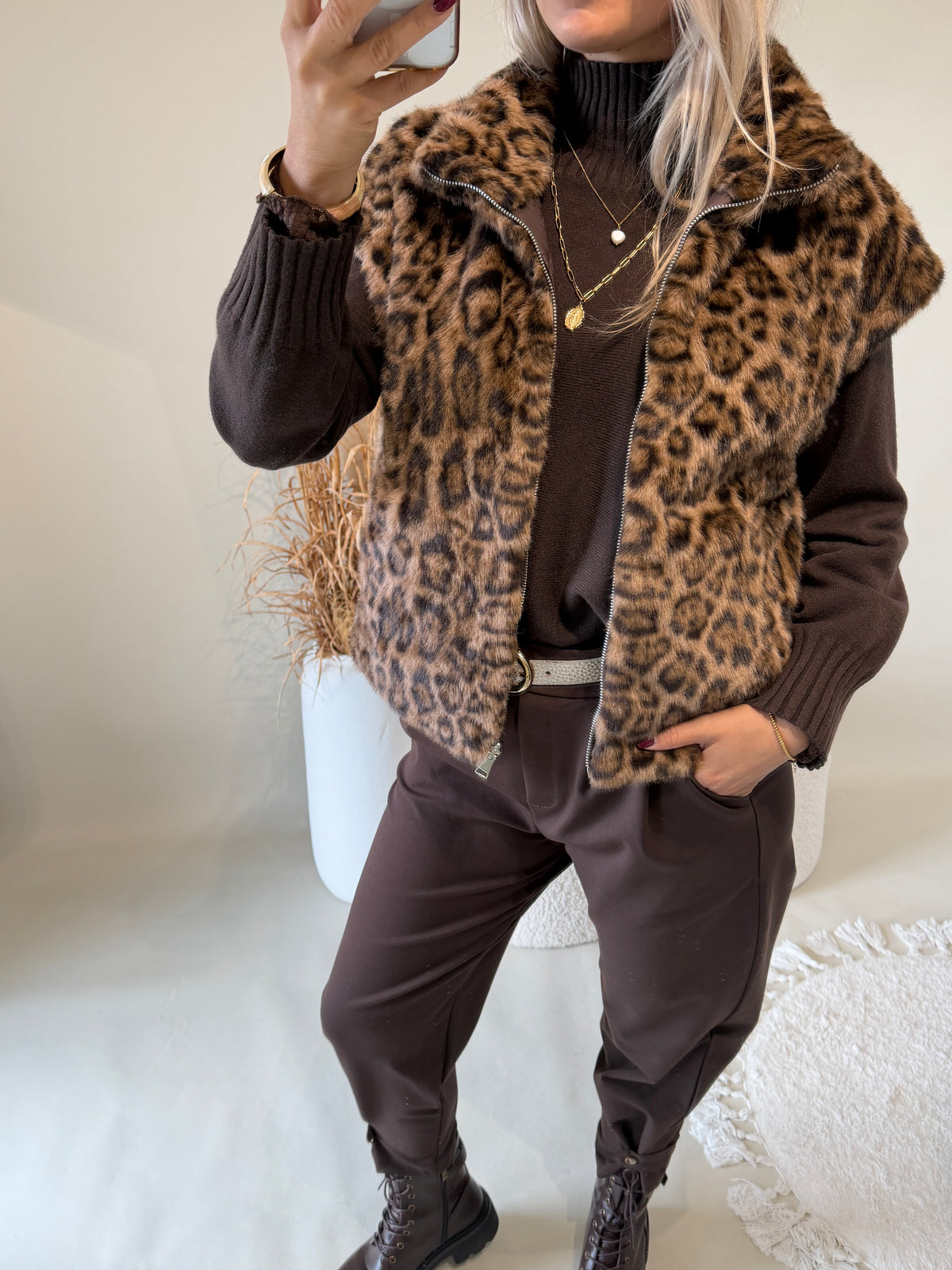 Weste in Leopard Print / Schokobraun ( Wendejacke / Kunstfell )