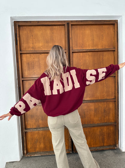 Pullover in Bordeaux mit Aufschrift am Rücken PARADISE