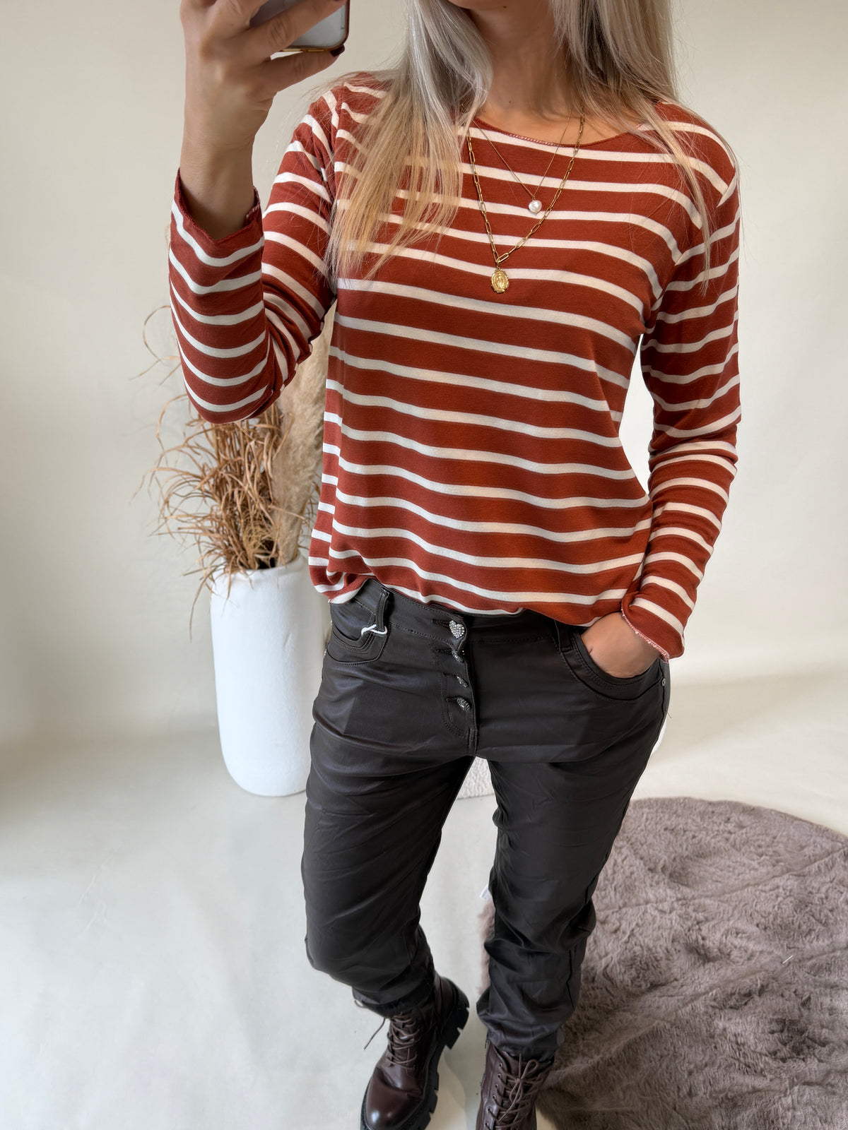 Shirt in Rostbraun / Wollweiß gestreift