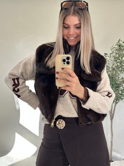 Pullover in Beige mit Aufschrift in Schokobraun ( NEW YORK 90)