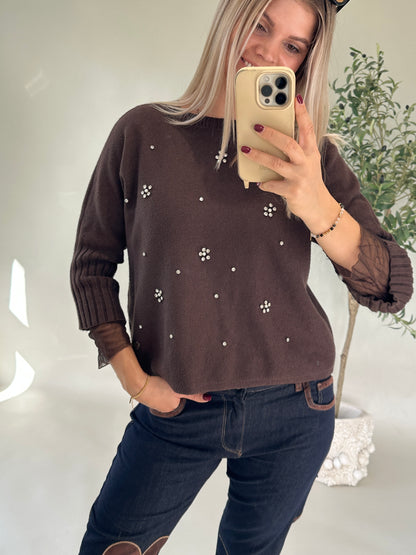 Pullover in Schokobraun mit Glitzersteine vorne (Kurzarm)
