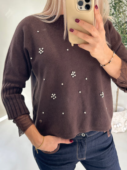 Pullover in Schokobraun mit Glitzersteine vorne (Kurzarm)
