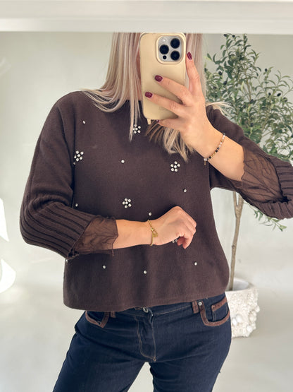 Pullover in Schokobraun mit Glitzersteine vorne (Kurzarm)
