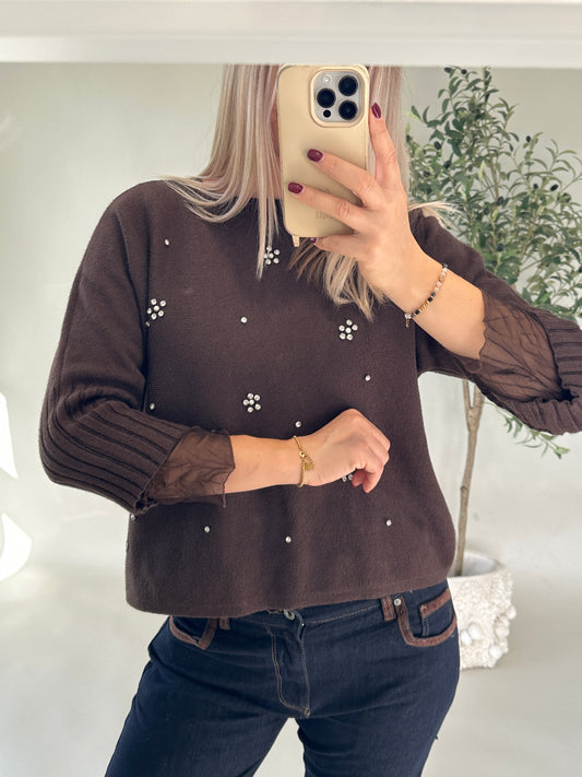Pullover in Schokobraun mit Glitzersteine vorne (Kurzarm)