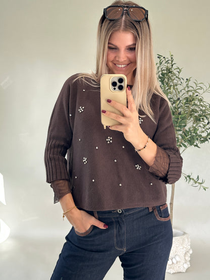 Pullover in Schokobraun mit Glitzersteine vorne (Kurzarm)