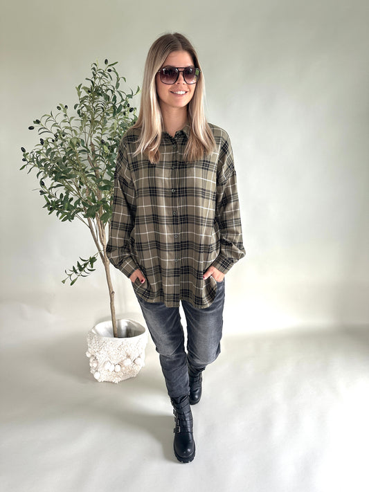 Hemdbluse in Olivgrün/ Schwarz/ Beige ( kariert )