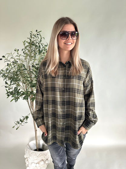 Hemdbluse in Olivgrün/ Schwarz/ Beige ( kariert )