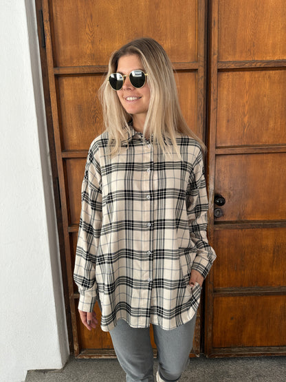 Hemdbluse in Beige/Grau/Schwarz