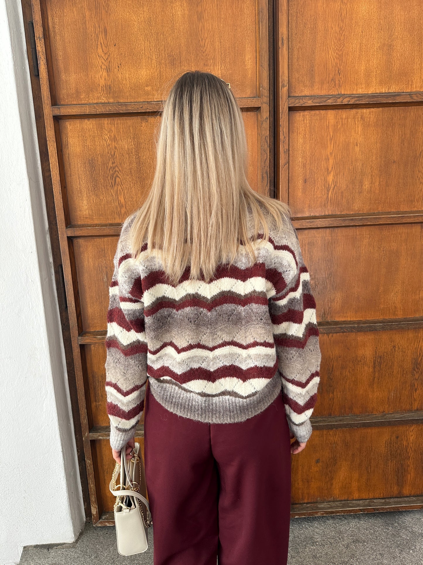 pullover mit muster in bordeaux/wollweiß/braun