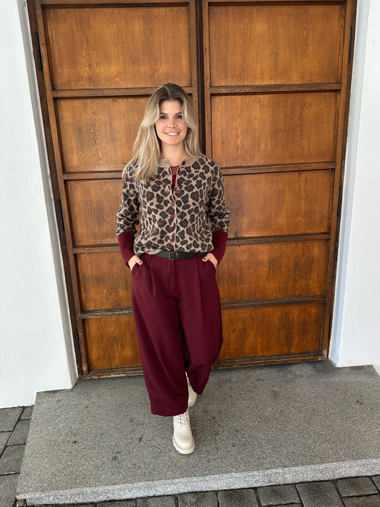 Strickjacke mit Leo-Muster Braun/Beige/Bordeaux