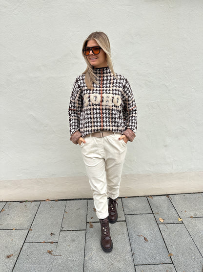 Pullover in Schokobraun/Beige/Rostbraun mit Aufdruck SOHO