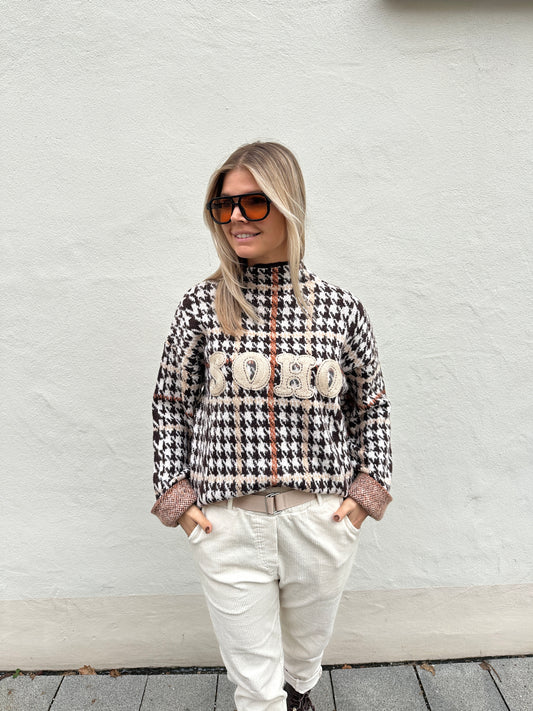 Pullover in Schokobraun/Beige/Rostbraun mit Aufdruck SOHO