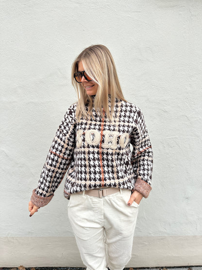 Pullover in Schokobraun/Beige/Rostbraun mit Aufdruck SOHO