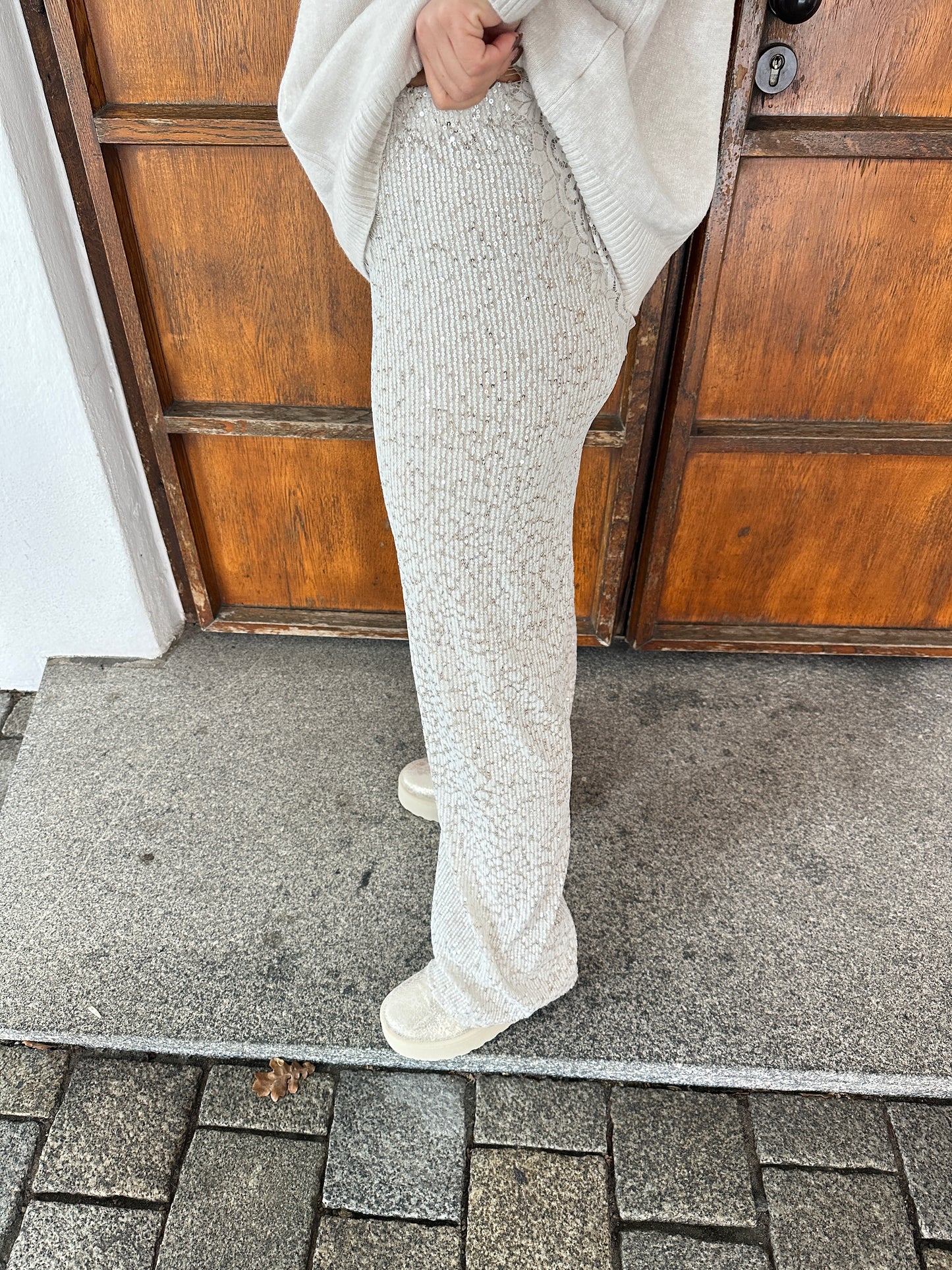 hose in beige mit glitzer