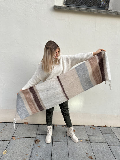 Schal  in Wollweiß/Schokobraun/Beige