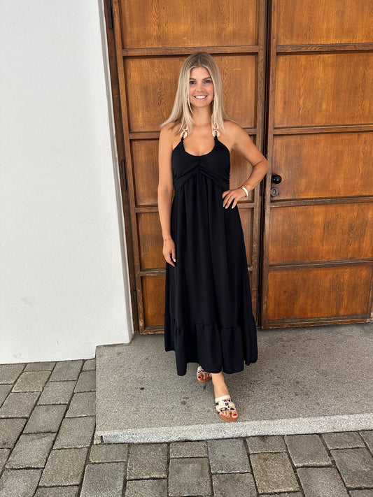 Kleid in Schwarz (Neckholder) mit Perlmutt-Schmuck vorne