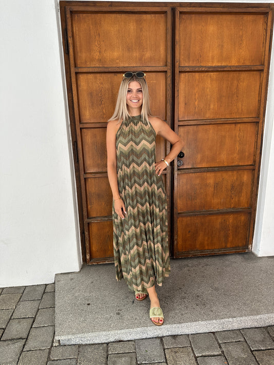 Kleid in Olivgrün mit Zick Zack Muster
