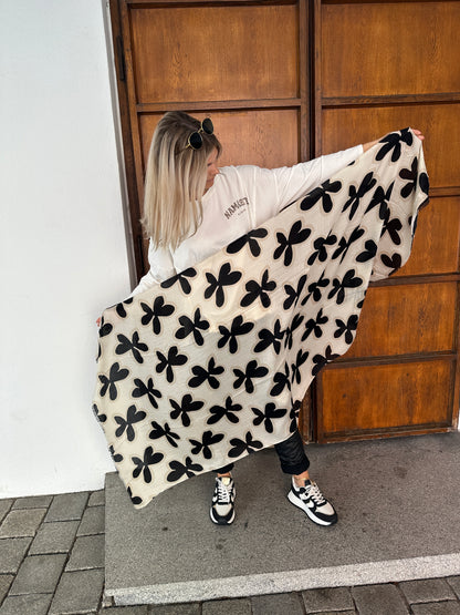 Schal in Beige mit Schwarzen Blumen