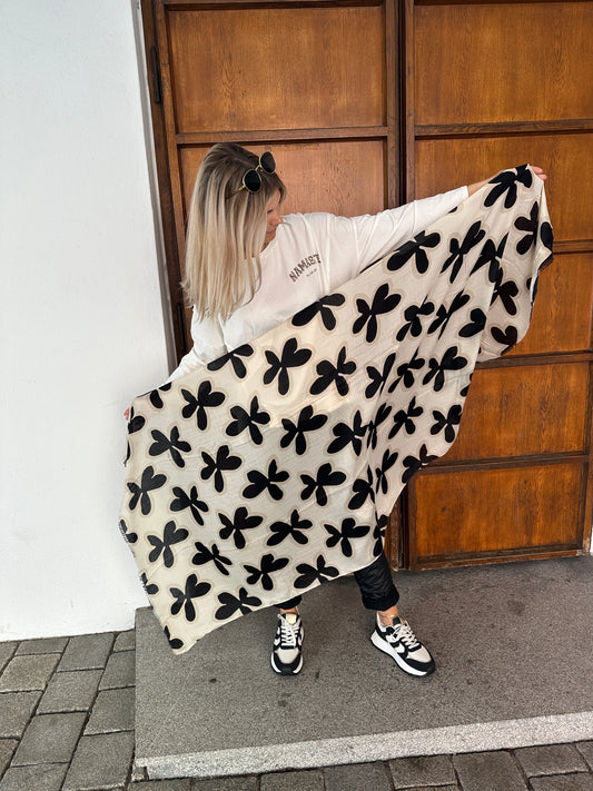 Schal in Beige mit Schwarzen Blumen
