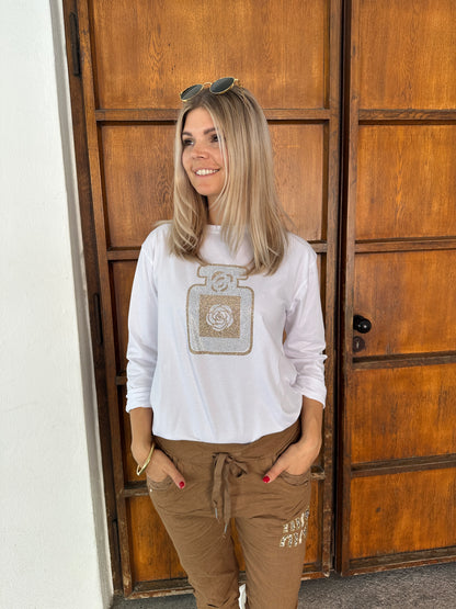 Shirt in Weiß mit Glitzeraufdruck in Gold/Silber ( Parfumflacon )