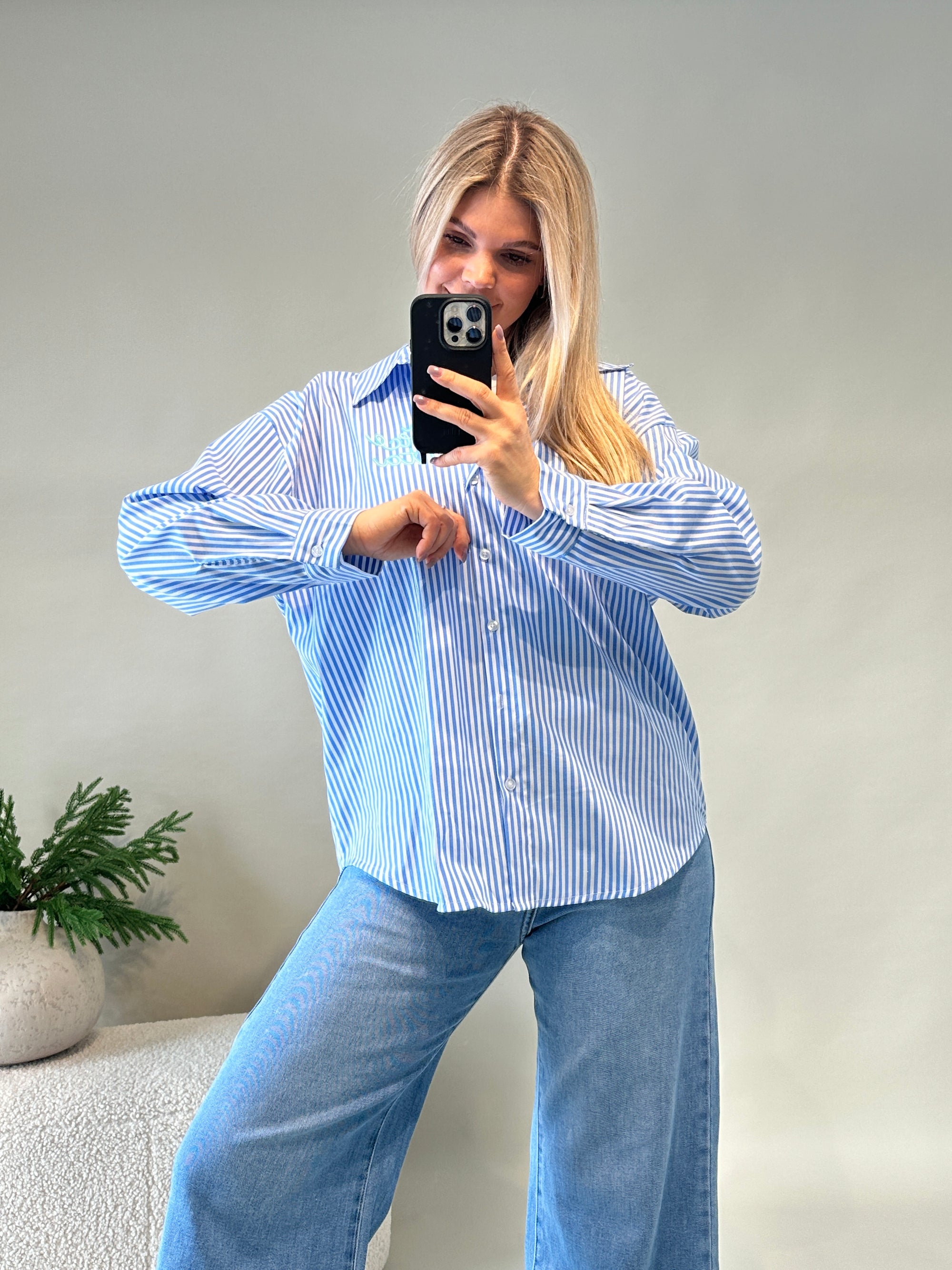 Bluse in Hellblau gestreift mit Aufdruck
