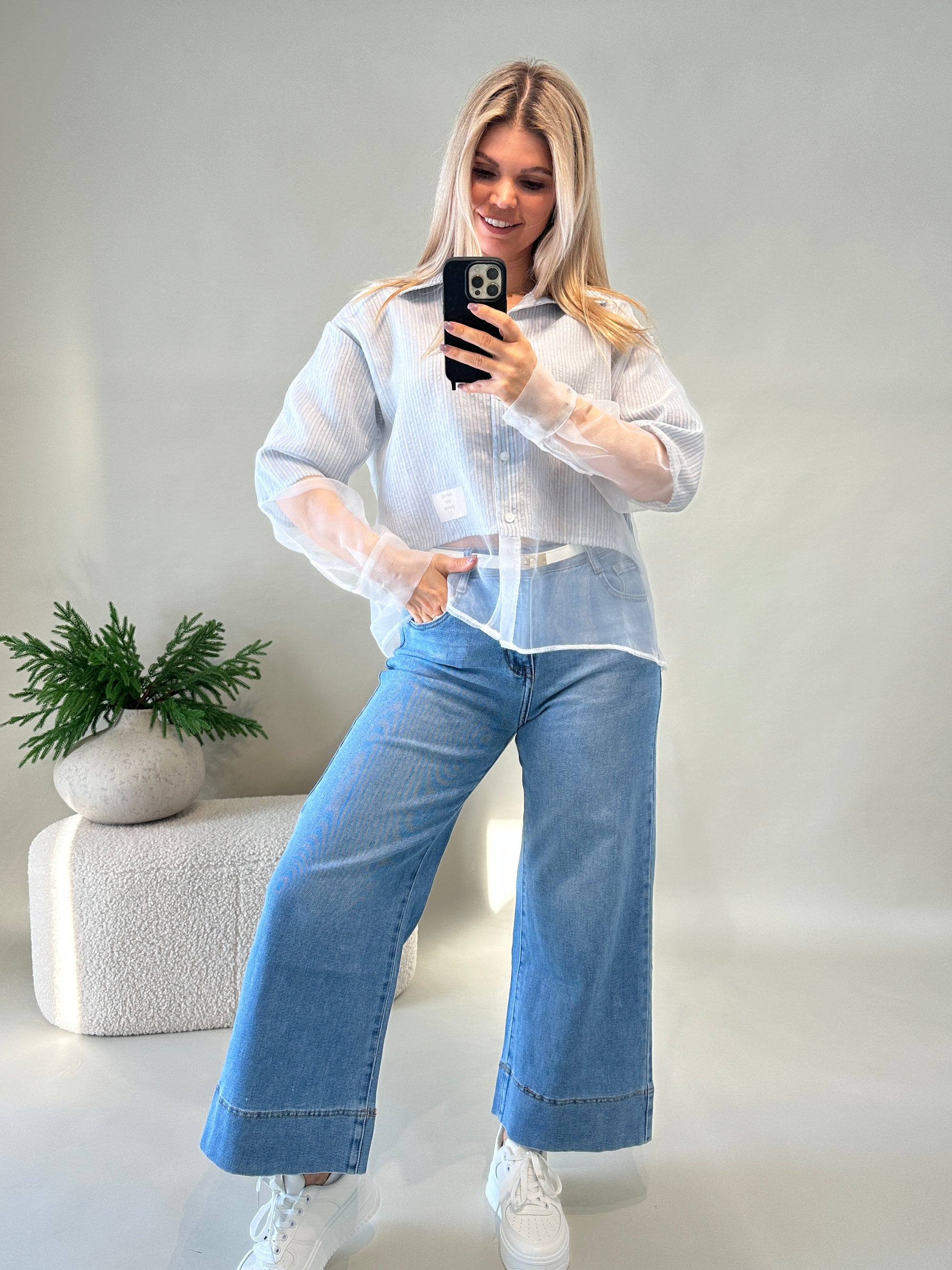 Bluse Hellblau gestreift mit durchsichtigen Arm