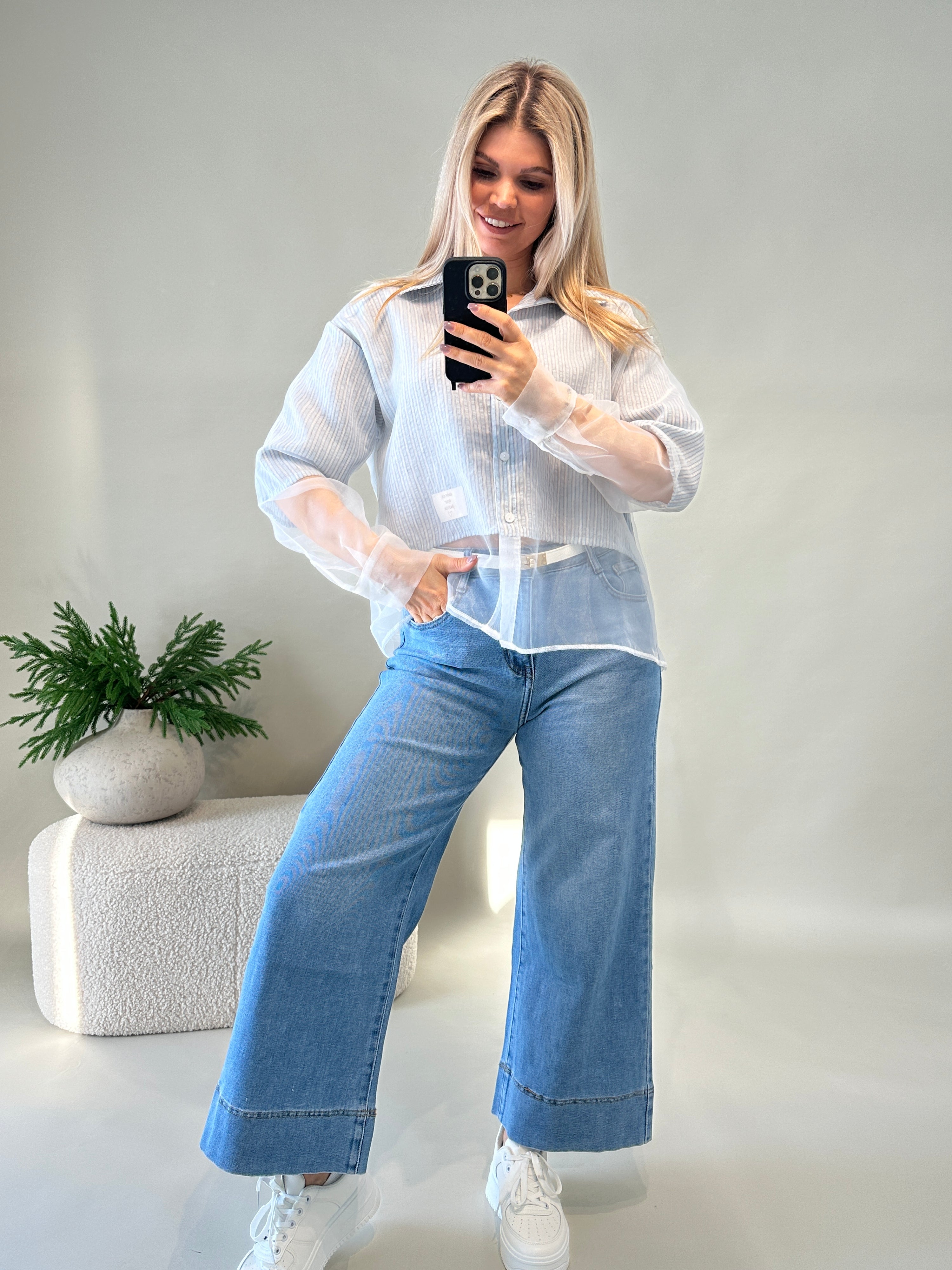 Bluse Hellblau gestreift mit durchsichtigen Arm