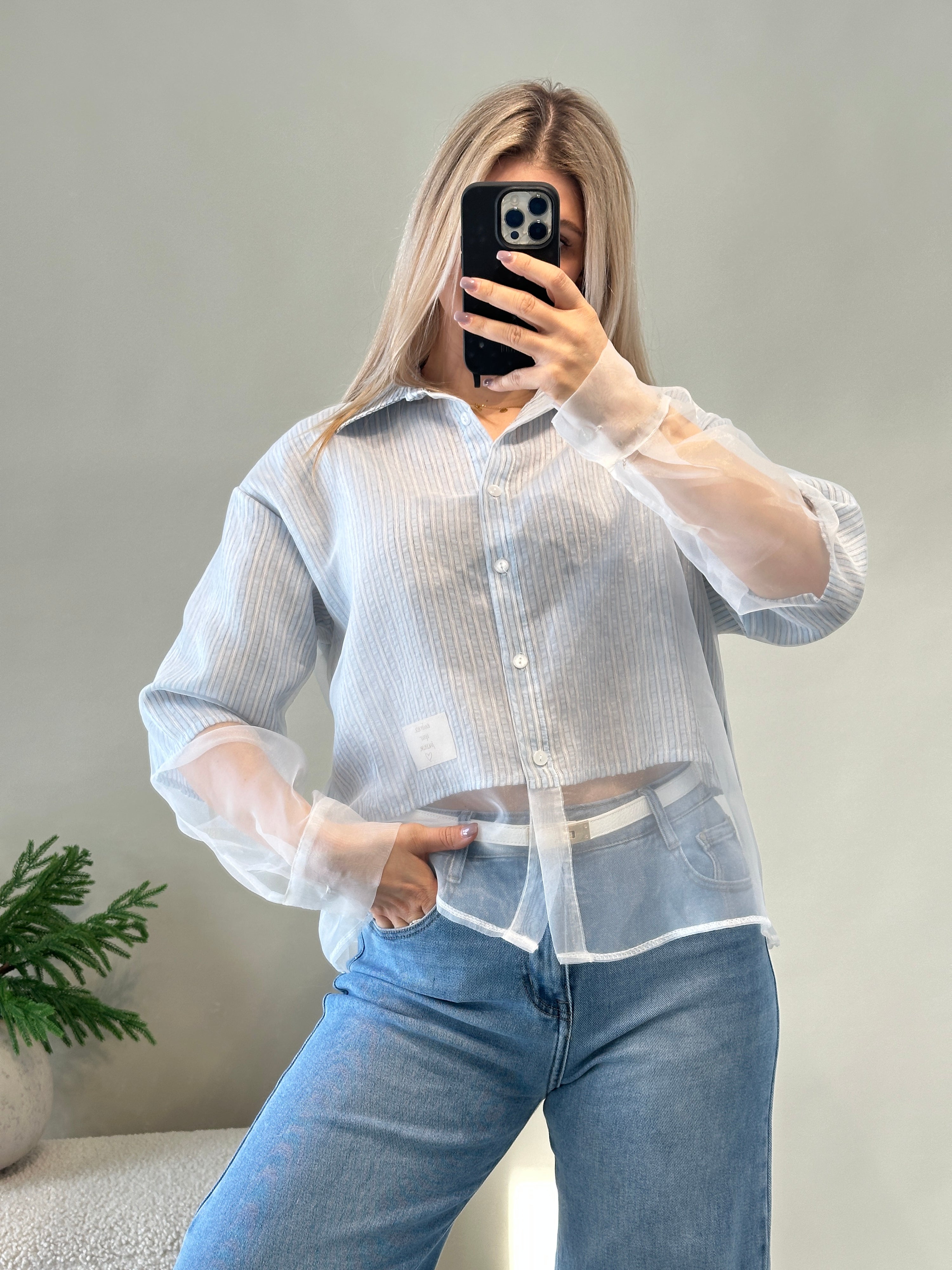 Bluse Hellblau gestreift mit durchsichtigen Arm