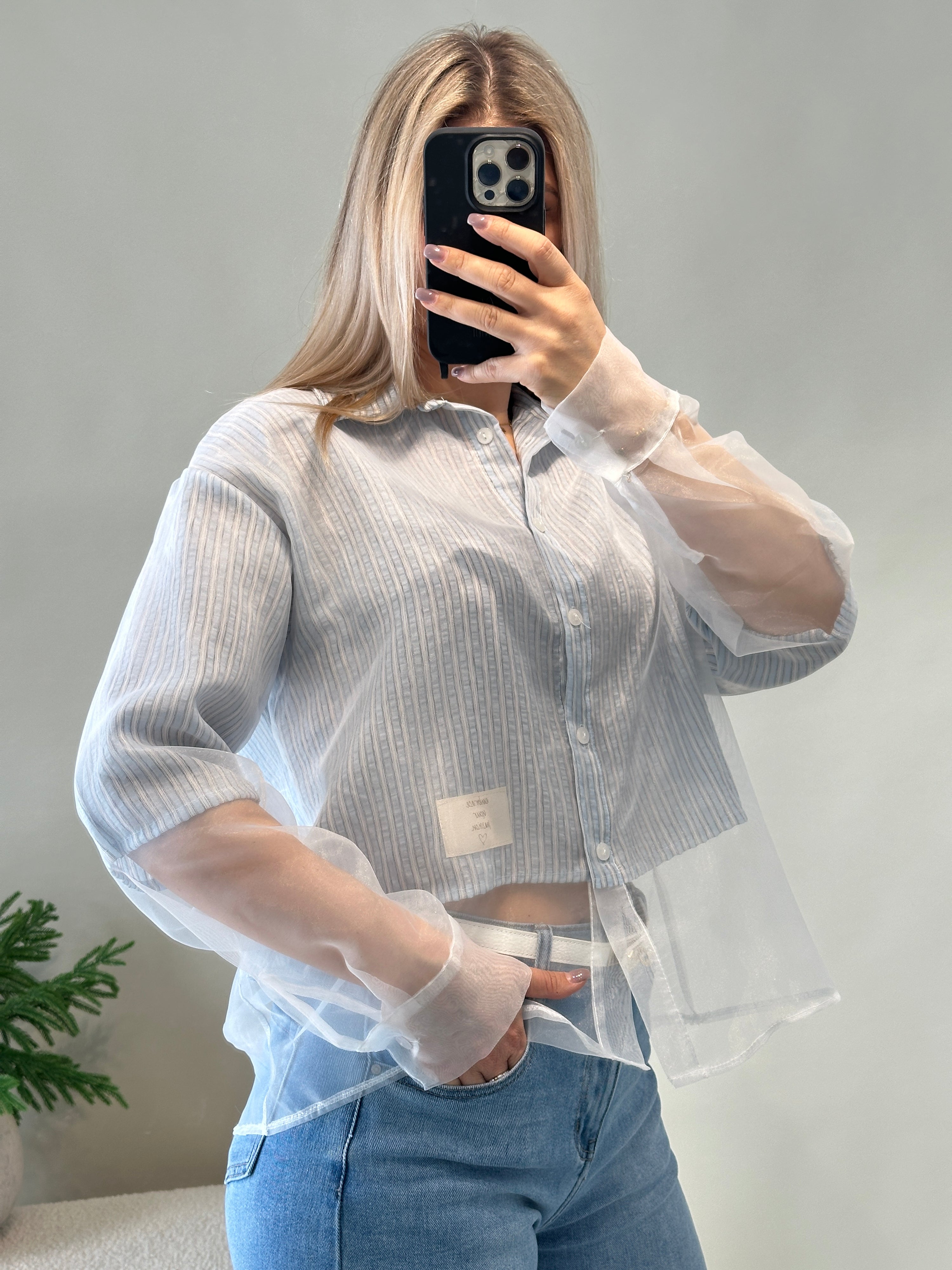 Bluse Hellblau gestreift mit durchsichtigen Arm