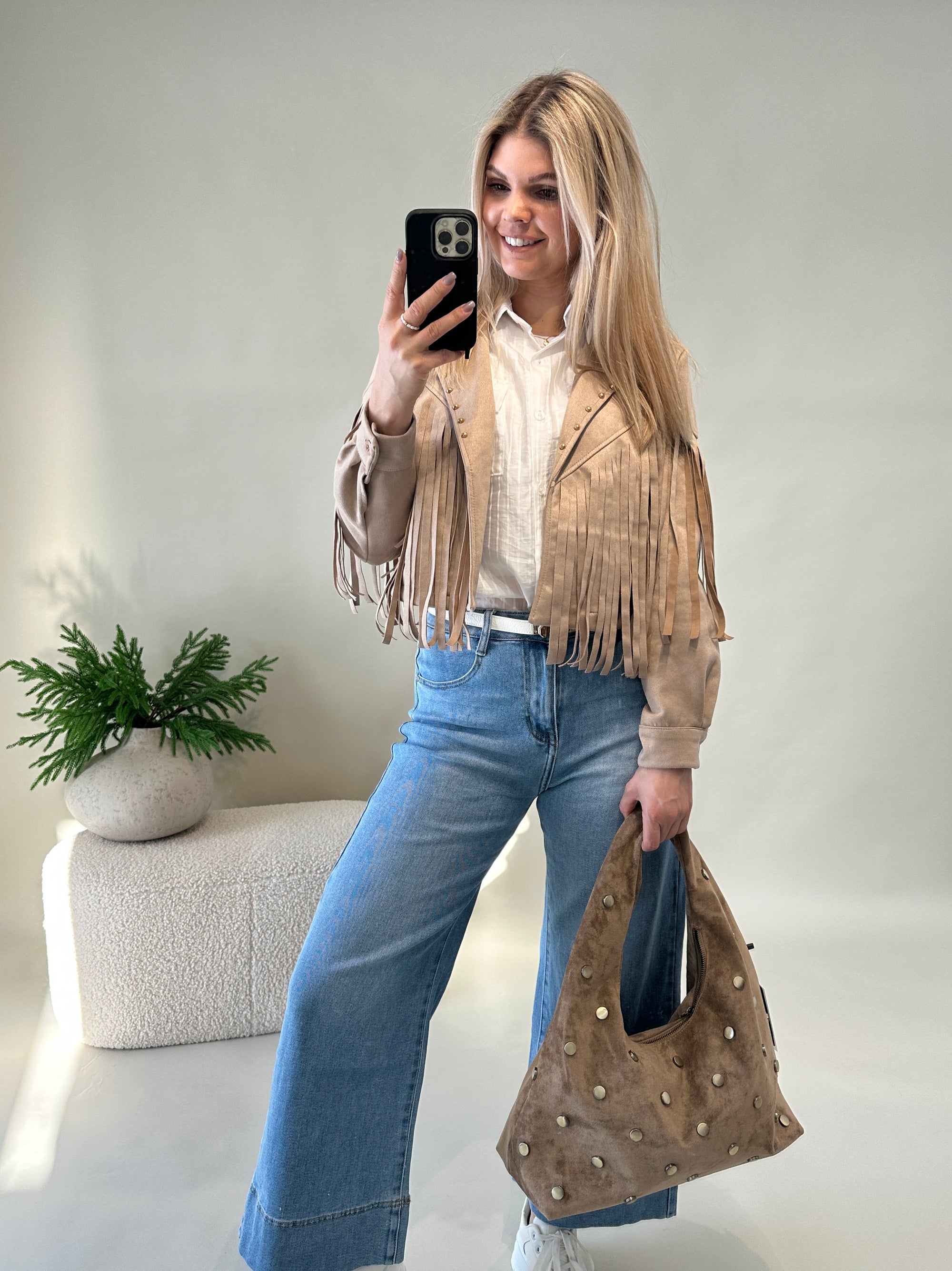 Jacke in Beige mit Fransen