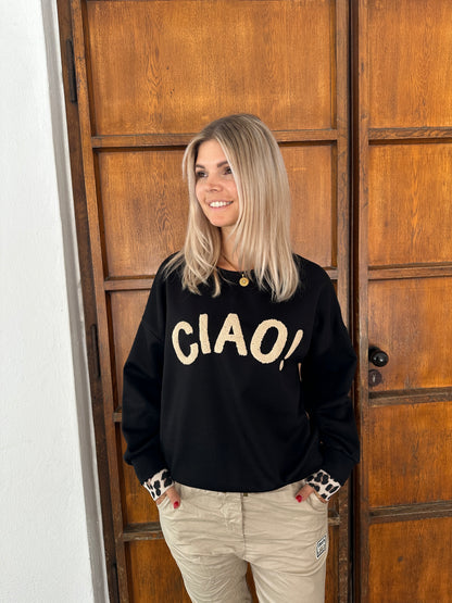 Pullover in Schwarz/Leo mit Aufdruck in Beige (CIAO!)