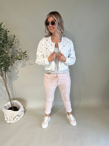 Jacke in Weiß mit Glitzereinsatz in leichten Jeansstoff