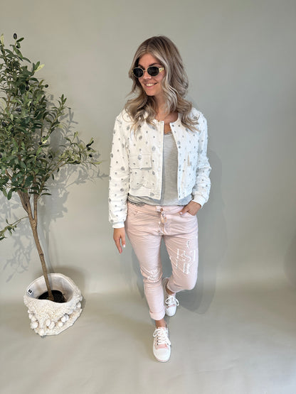 Jacke in Weiß mit Glitzereinsatz in leichten Jeansstoff