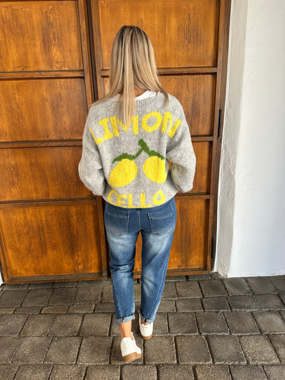 Strickjacke in Hellgrau mit Zitronen -Applikation vorne und hinten