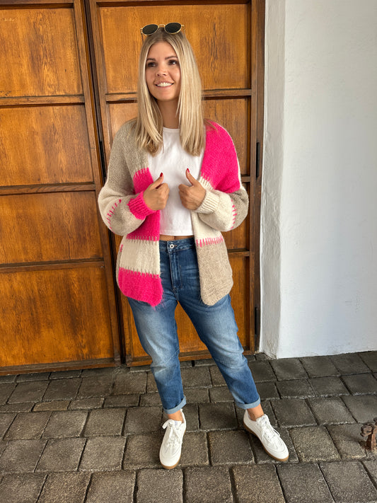 Strickjacke in Wollweiß/ Beige/ Pink ohne Knöpfe