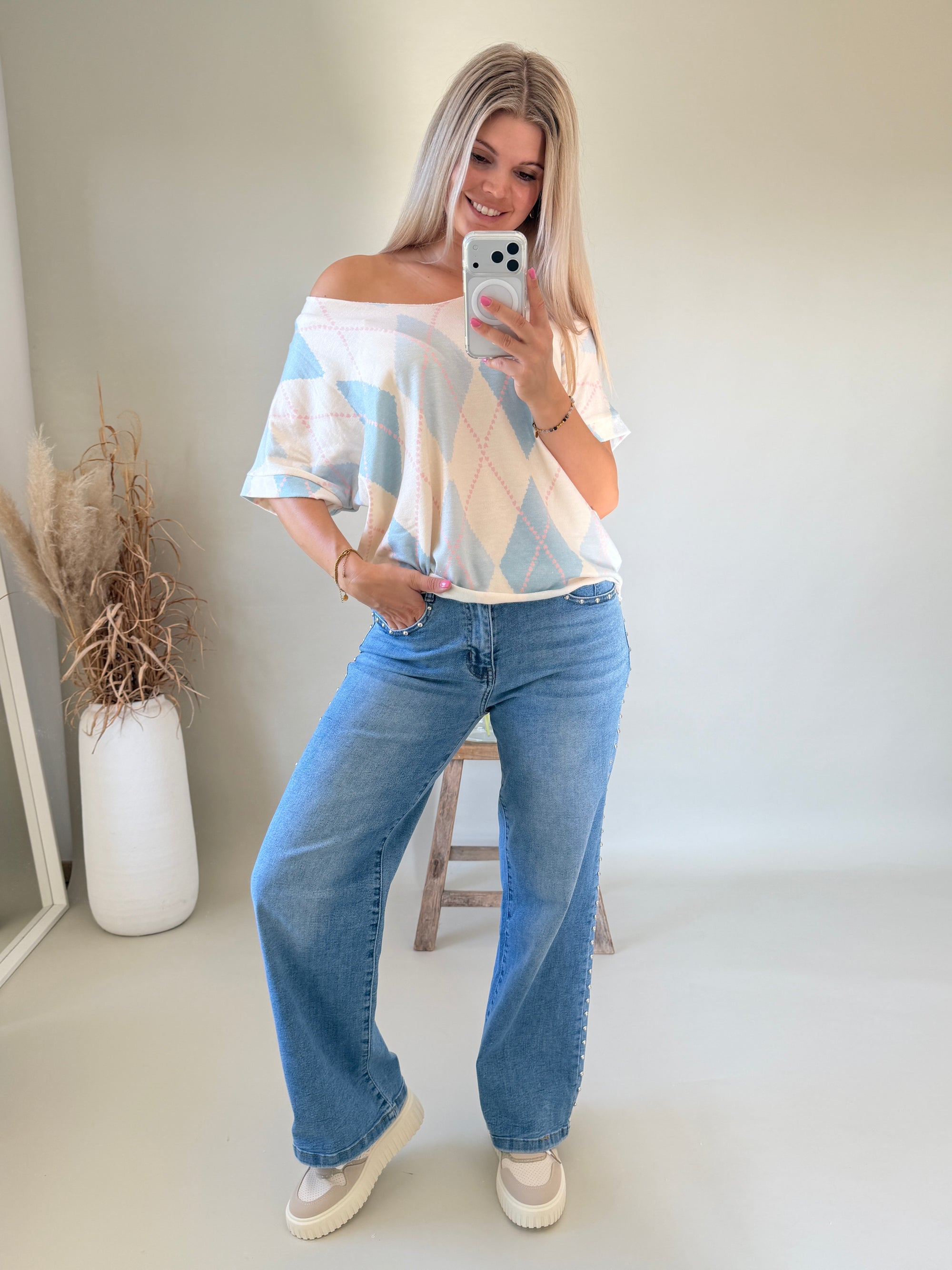 T-Shirt mit Rauten in Hellblau