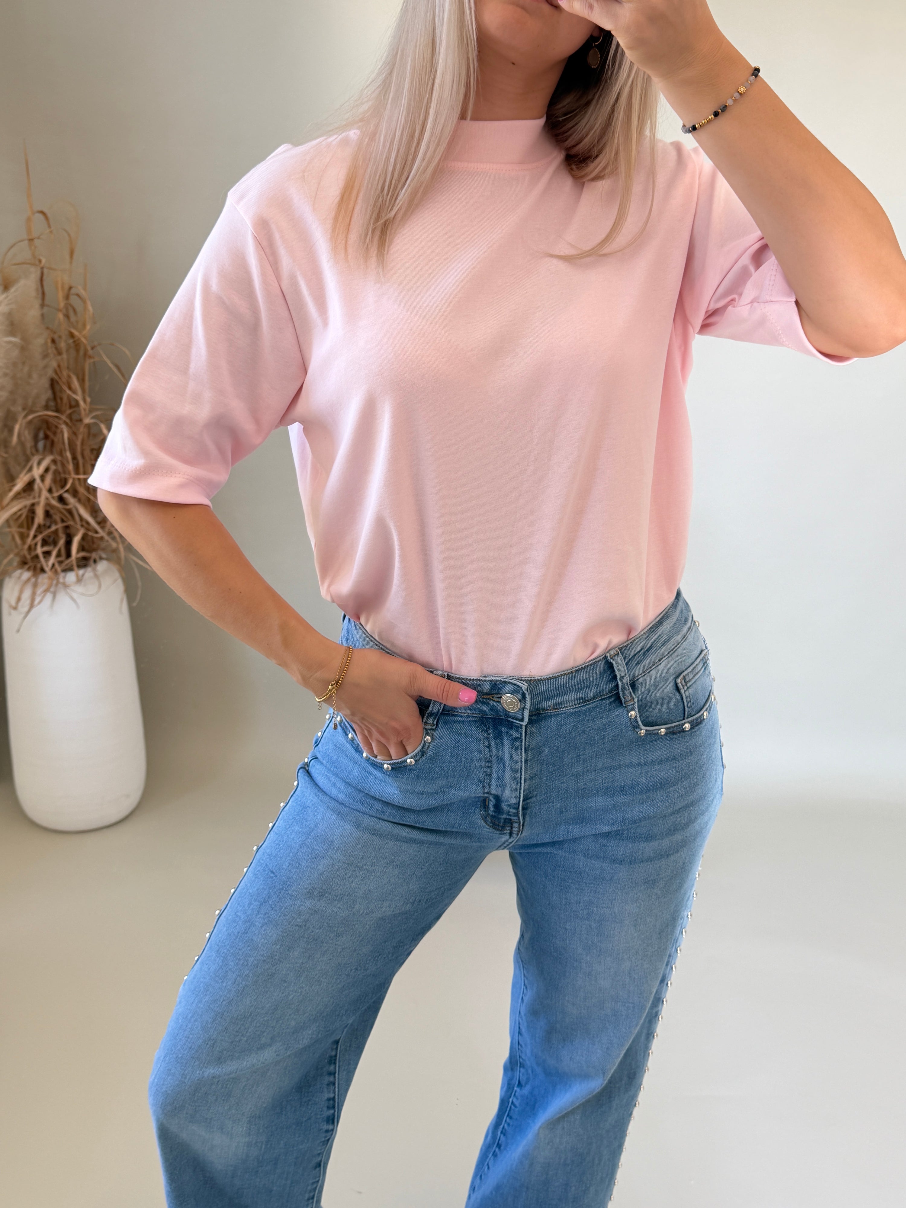 T-Shirt in Rosa mit  Stehkragen