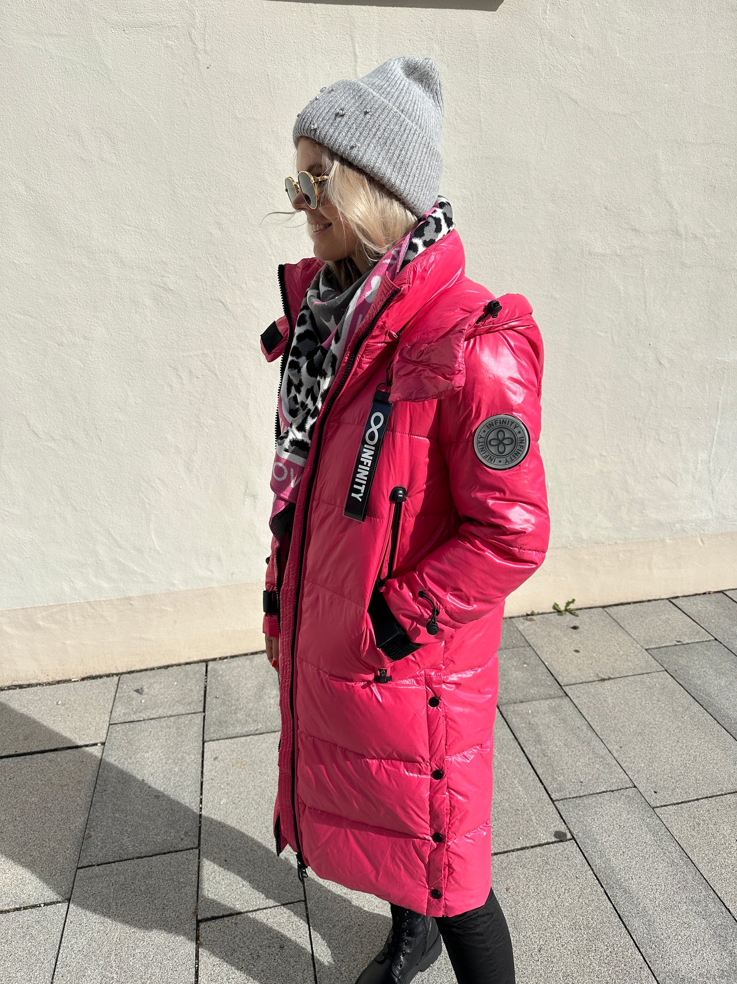 wintermantel in pink