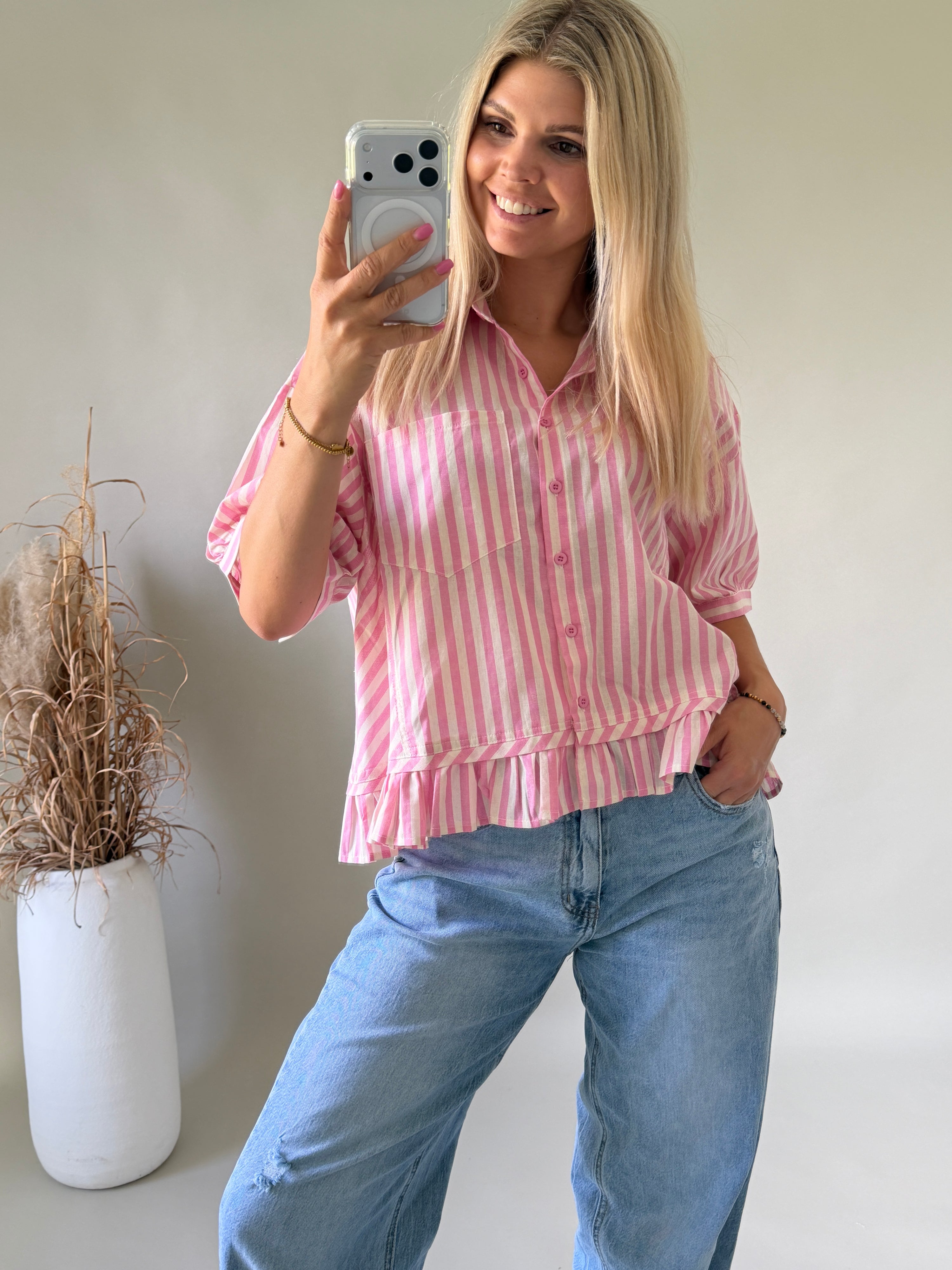 Bluse gestreift in Rosa / Beige kurzarm