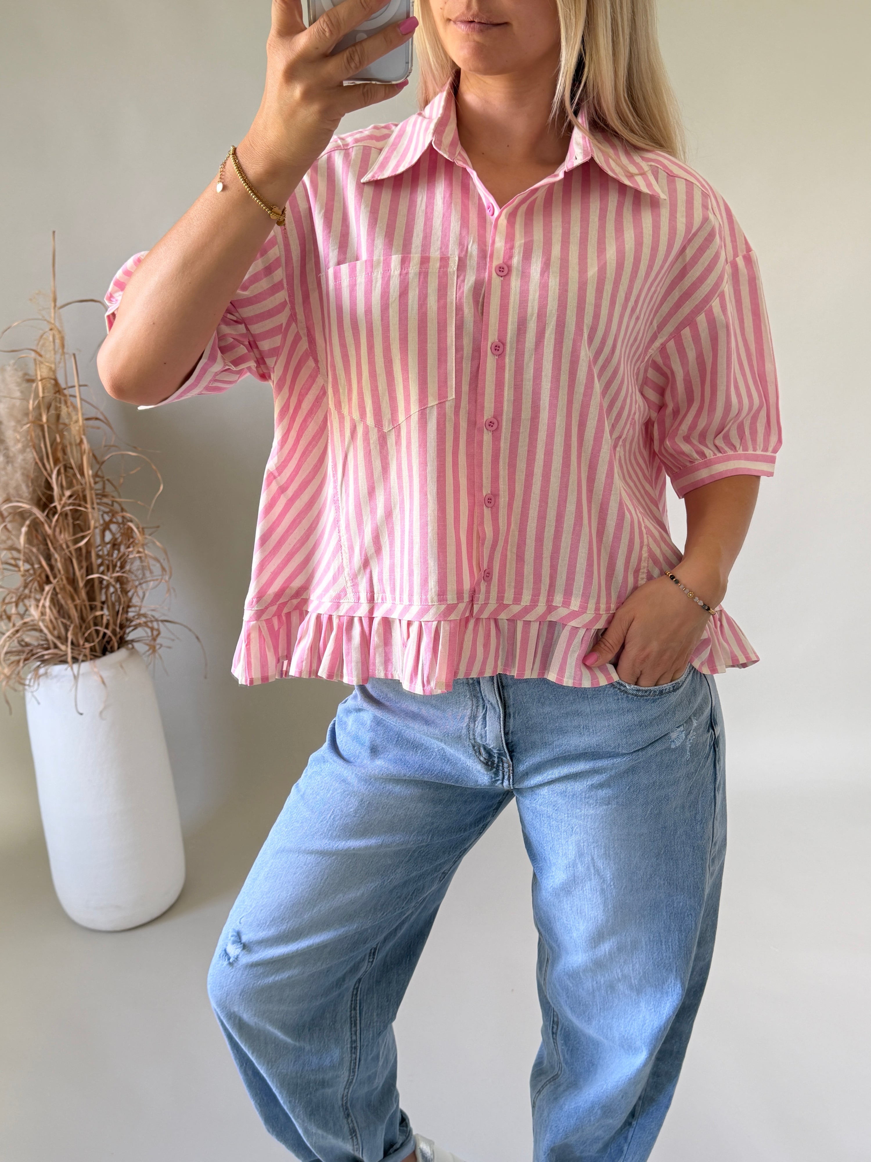 Bluse gestreift in Rosa / Beige kurzarm