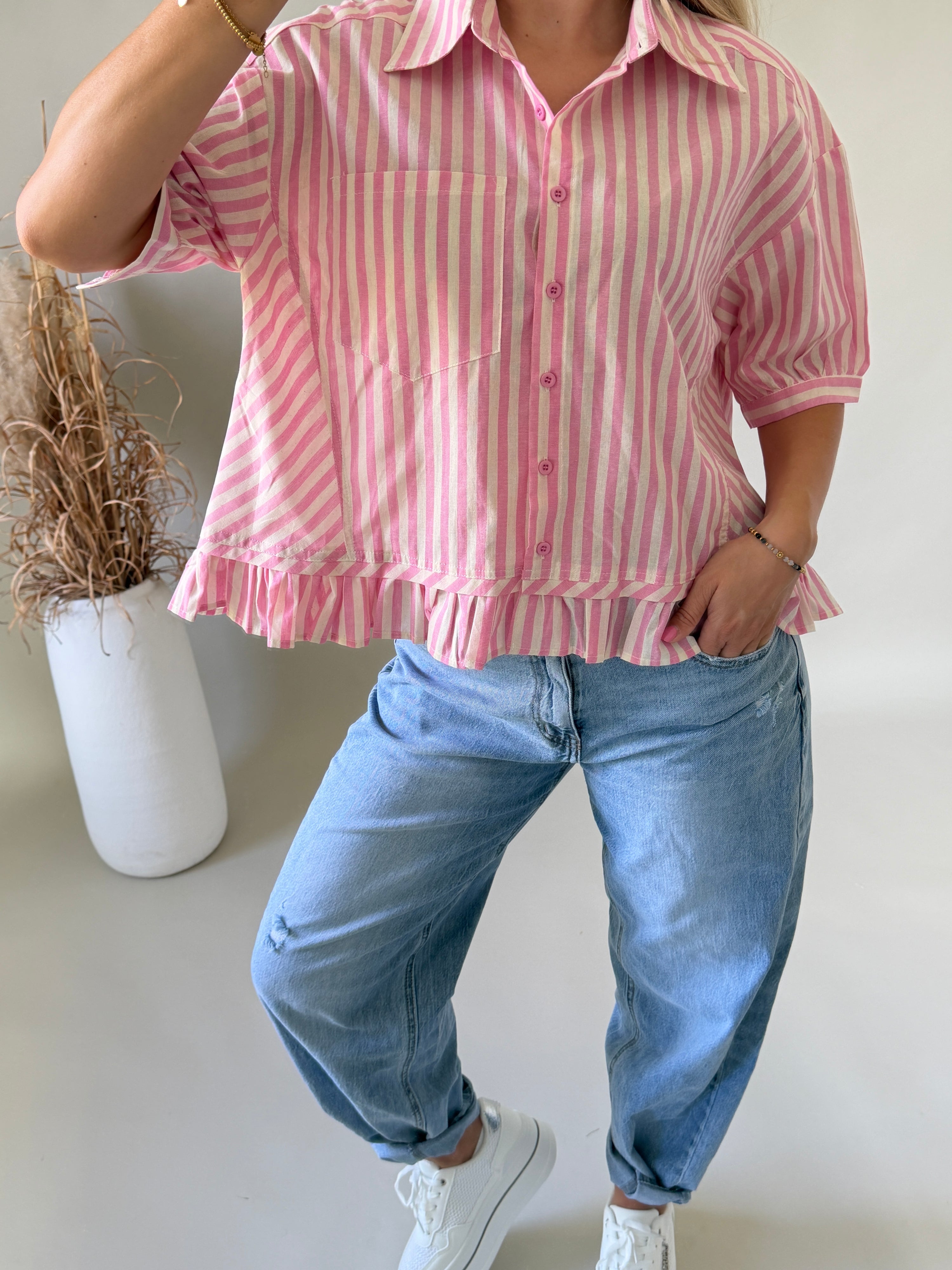 Bluse gestreift in Rosa / Beige kurzarm