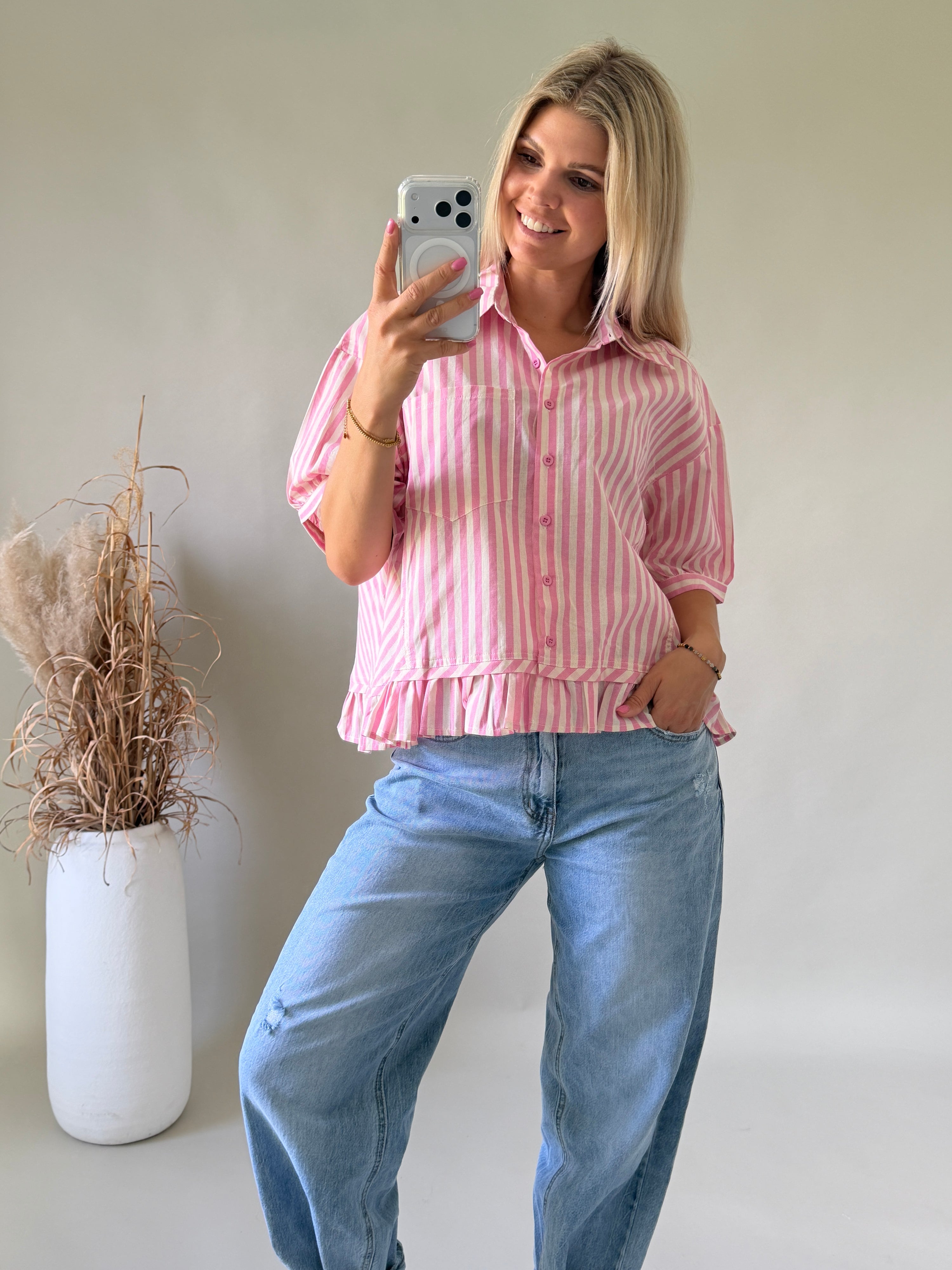 Bluse gestreift in Rosa / Beige kurzarm