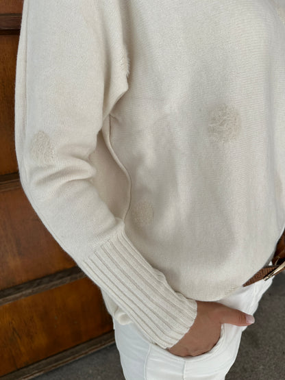 Pullover in Wollweiß mit Kunstpelz-Punkte