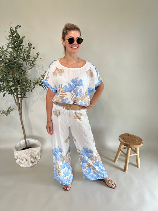 Hose mit Muster  in Wollweiß/Hellblau /Beige