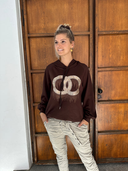Pullover in Schokobraun mit Kapuze und goldenen Glitzeraufdruck
