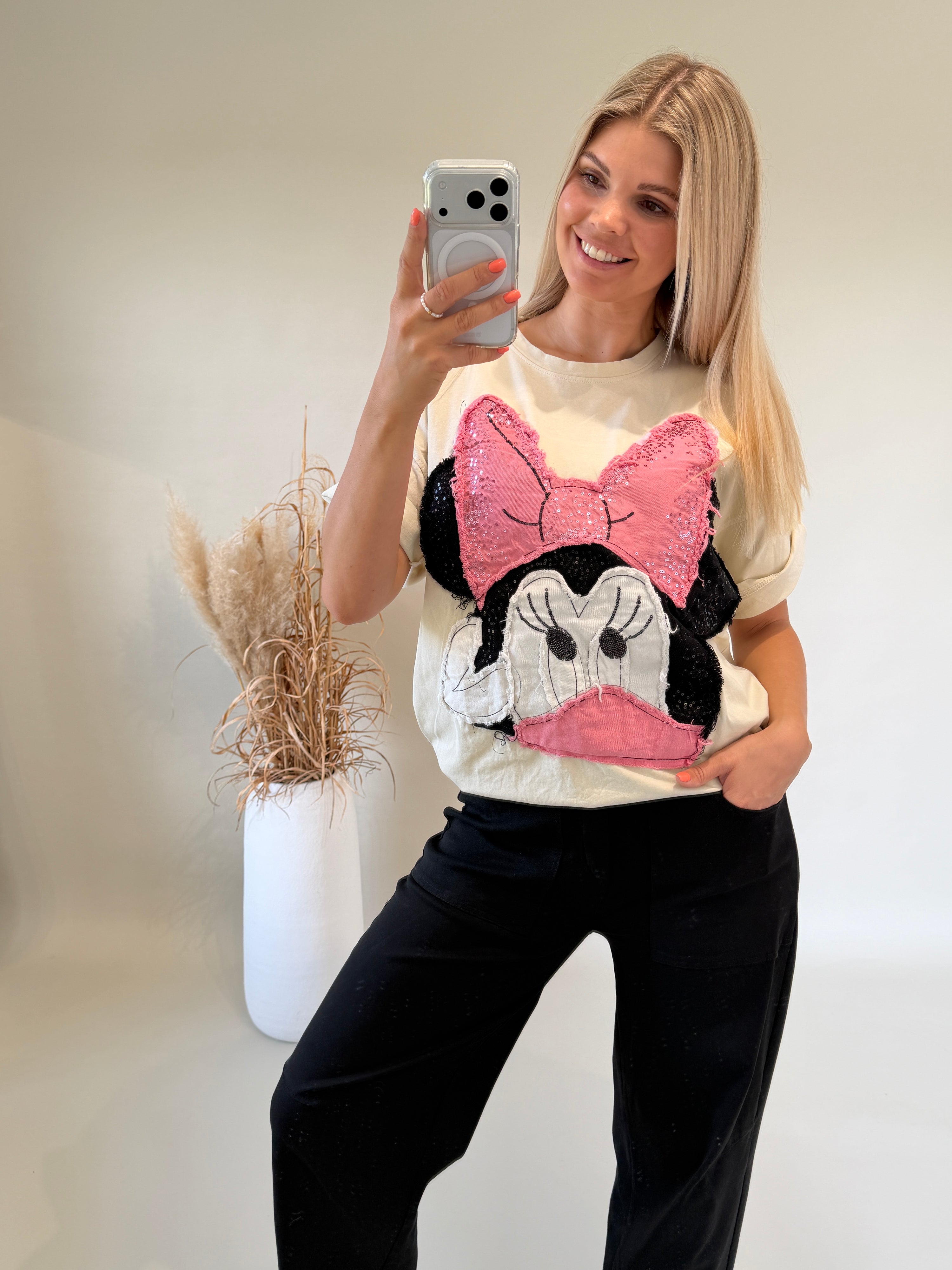 T - Shirt in Beige mit Aufdruck Micky-Maus ( Glitzer )